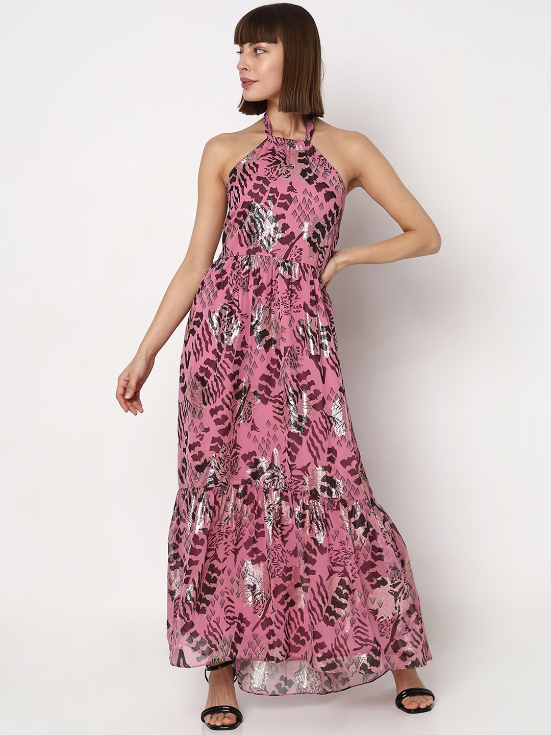 

Vero Moda Abstract Printed Halter Neck Sleeveless Maxi Dress, Pink