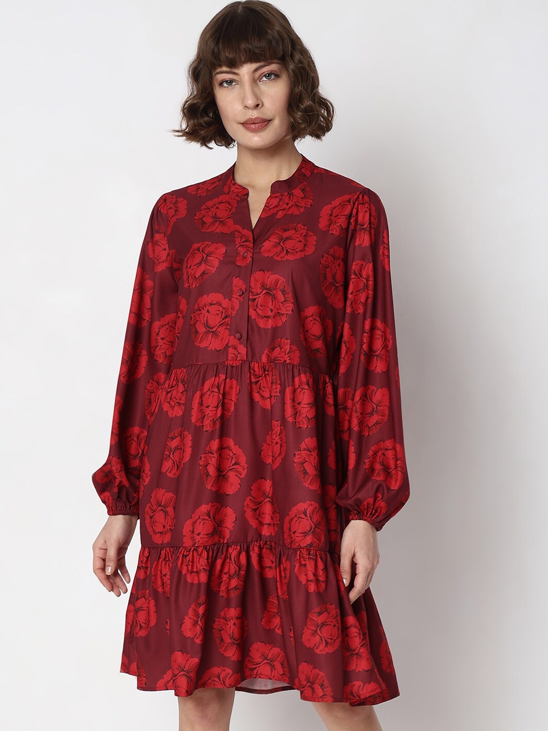 

Vero Moda Floral Printed Mandarin Collar Tiered A-Line Dress, Maroon