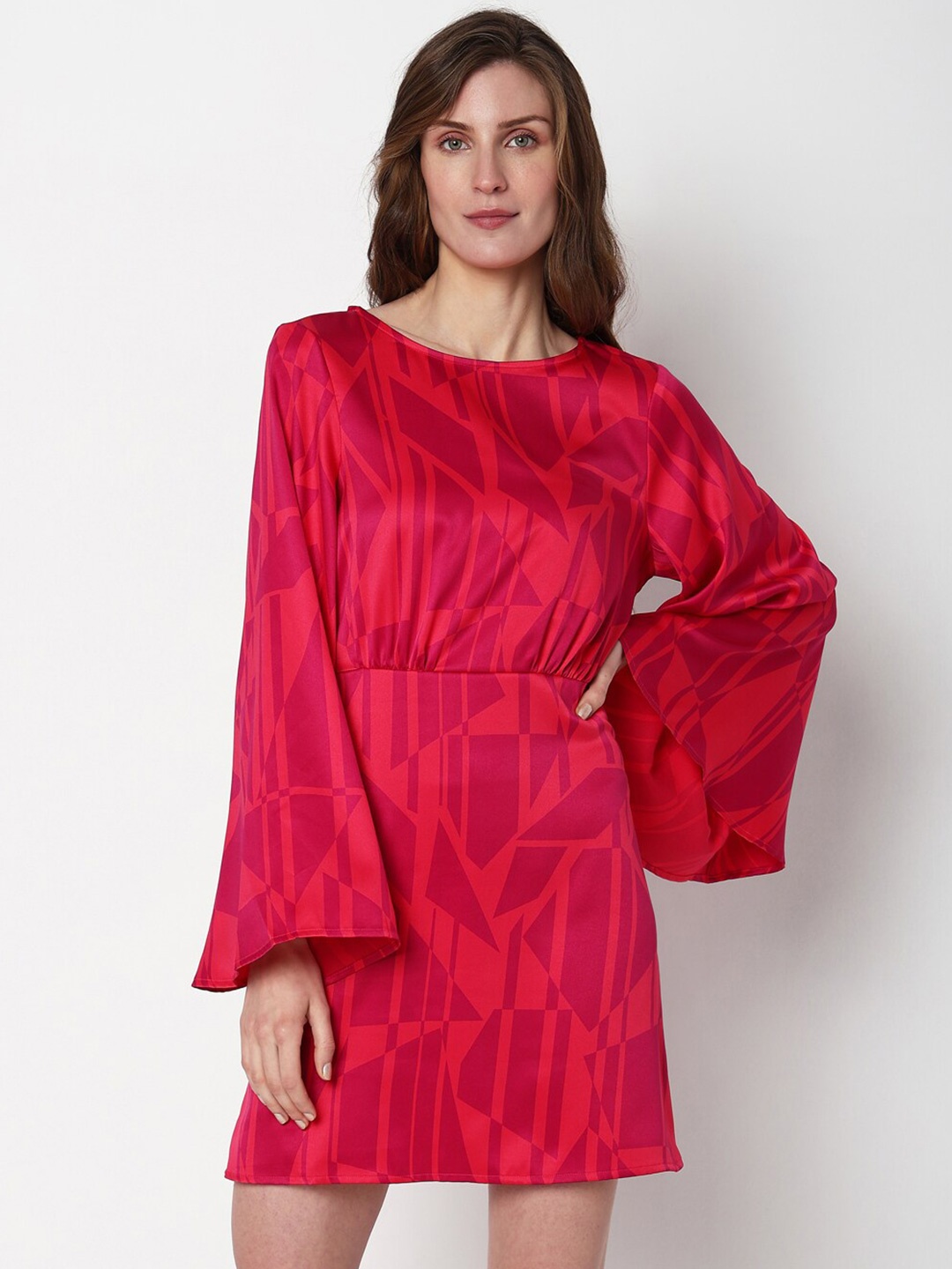 

Vero Moda Boat Neck Flared Sleeves A-Line Dress, Pink