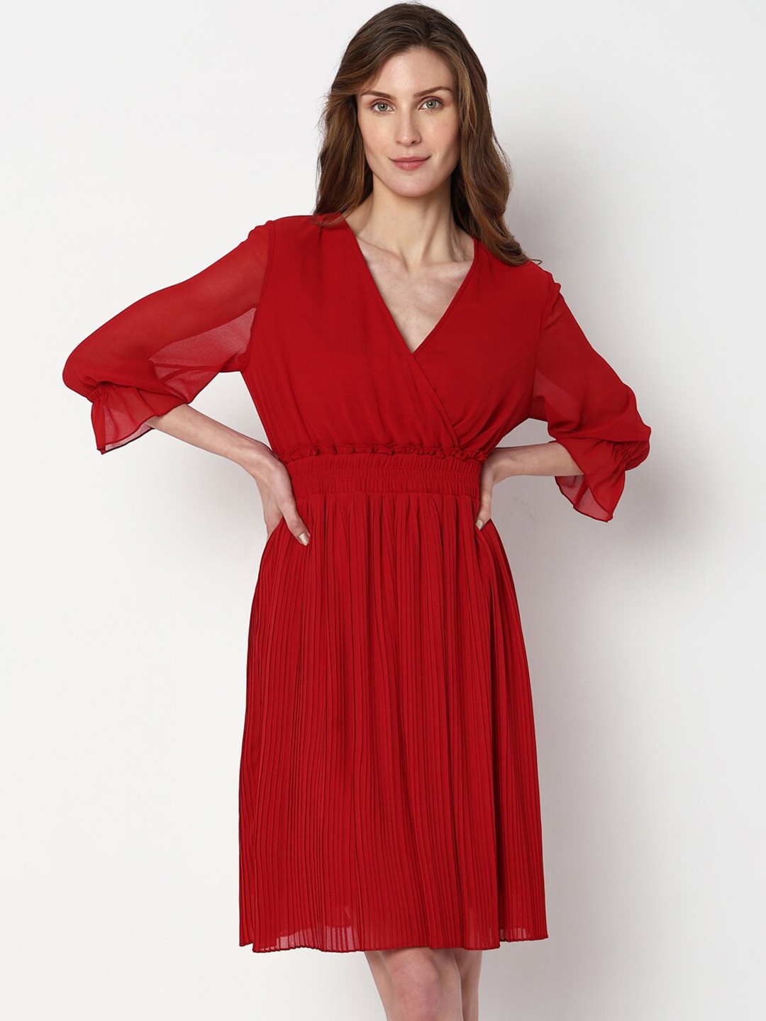 

Vero Moda V-Neck Gathered Puff Sleeves Fit & Flare Dress, Red