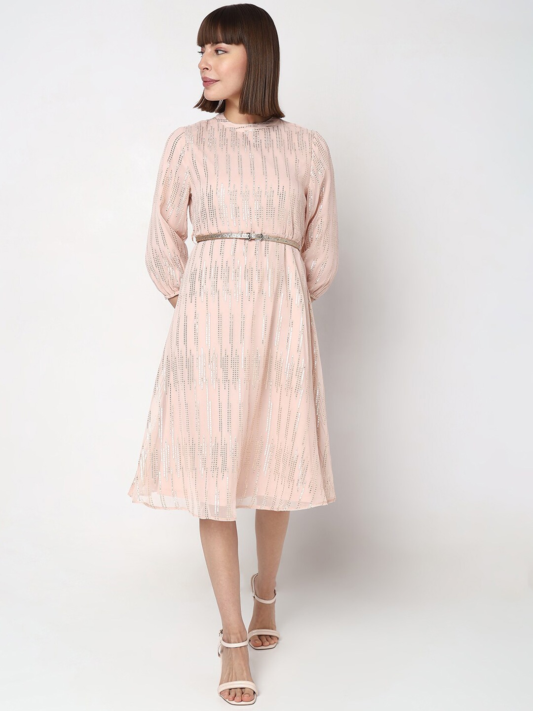 

Vero Moda Embellished Puff Sleeves A-Line Midi Dress, Beige