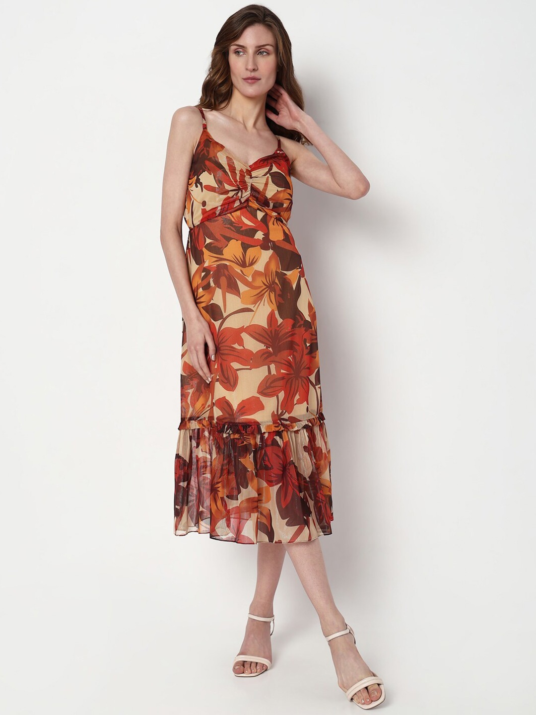 

Vero Moda Floral Printed Shoulder Straps A-Line Midi Dress, Brown