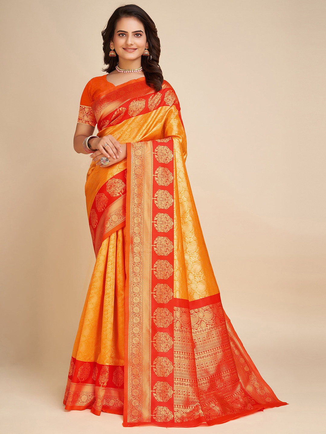 

Anjaneya Sarees Ethnic Motif Woven Design Zari Banarasi Saree, Red