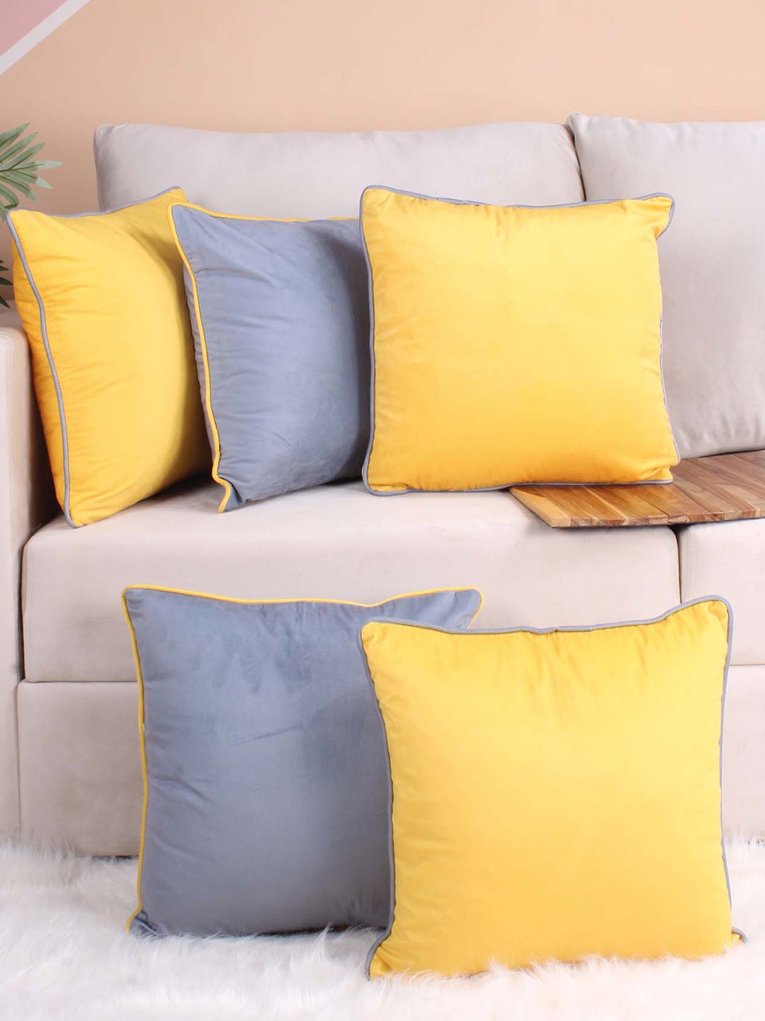 

STITCHNEST 5 Pcs Grey & Yellow Velvet Square Cushion Covers