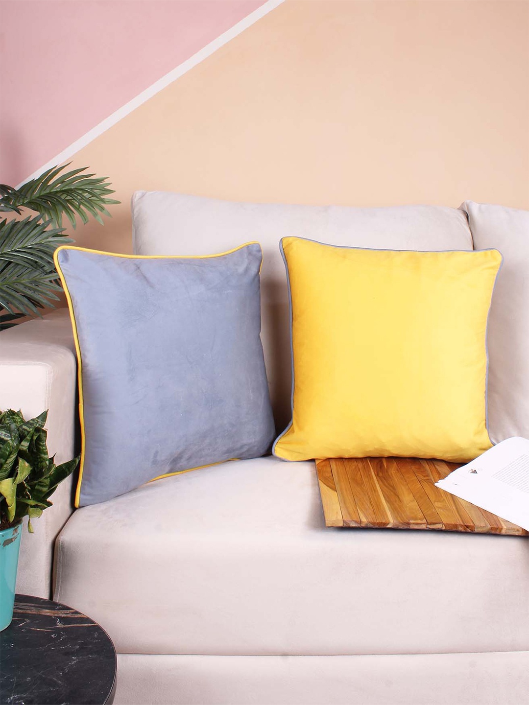 

STITCHNEST 2 Pcs Yellow & Grey Velvet Square Cushion Covers