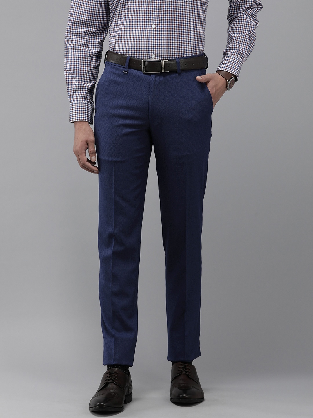 

Van Heusen Men Self Design Textured Slim Fit Trousers, Navy blue