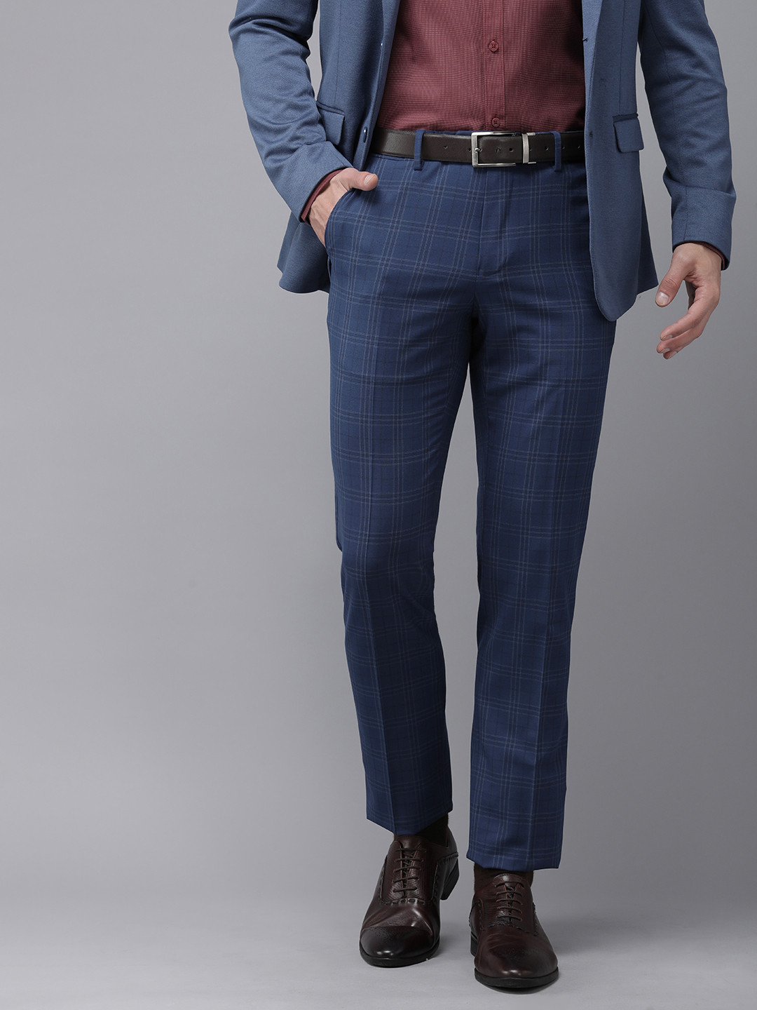 

Van Heusen Men Checked Slim Fit Trousers, Blue