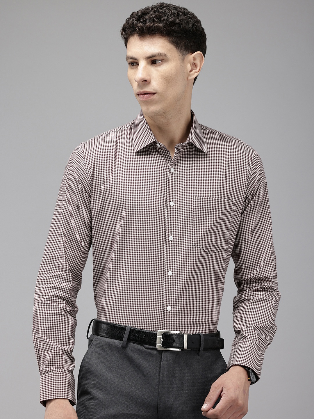 Van Heusen Pure Cotton Slim Fit Opaque Checked Formal Shirt, Coffee brown