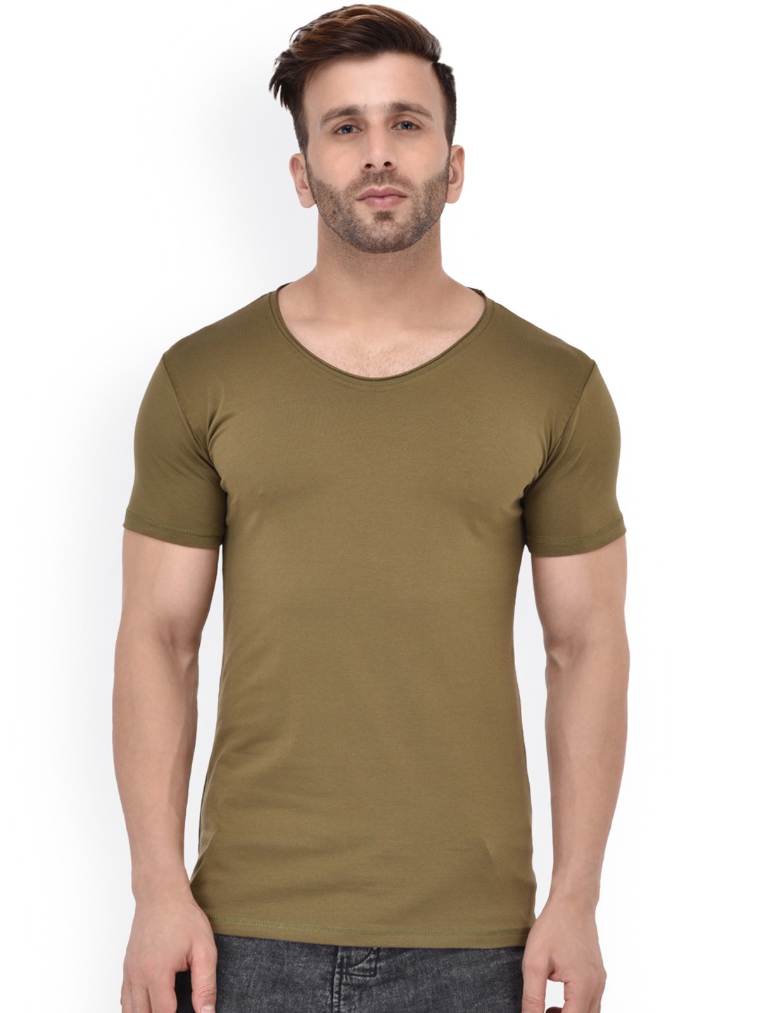 

Tinted Men Olive Green Solid Round Neck Slim Fit T-shirt