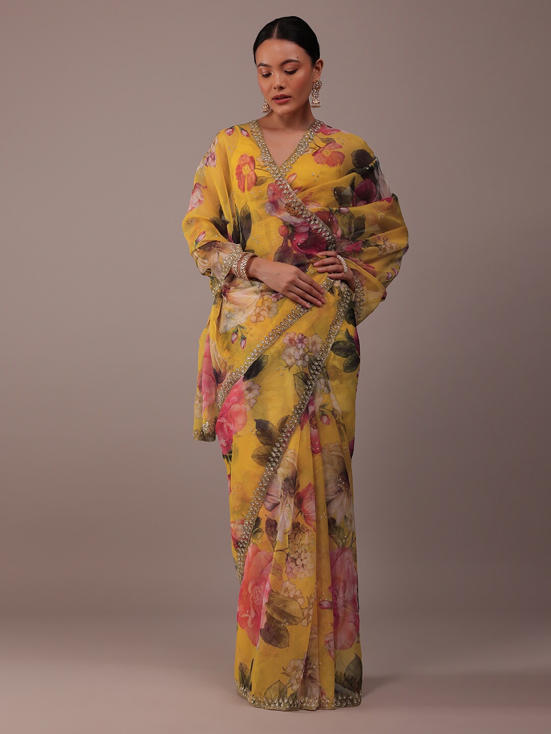 

KALKI Fashion Floral Printed Beads and Stones Organza Saree, Yellow