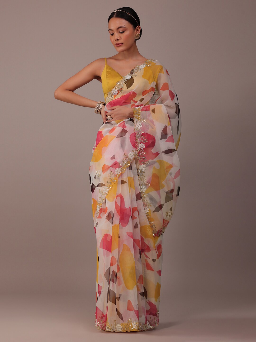 

KALKI Fashion Abstract Printed Sequinned Organza Saree, White