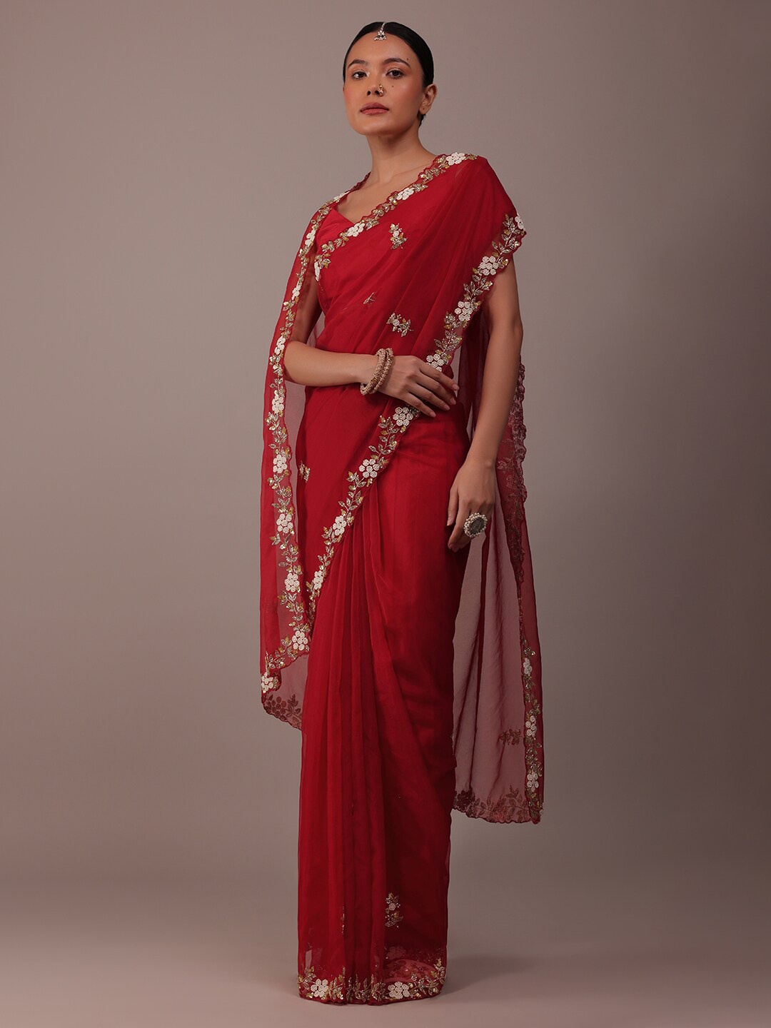 

KALKI Fashion Embellished Beads and Stones Organza Saree, Red