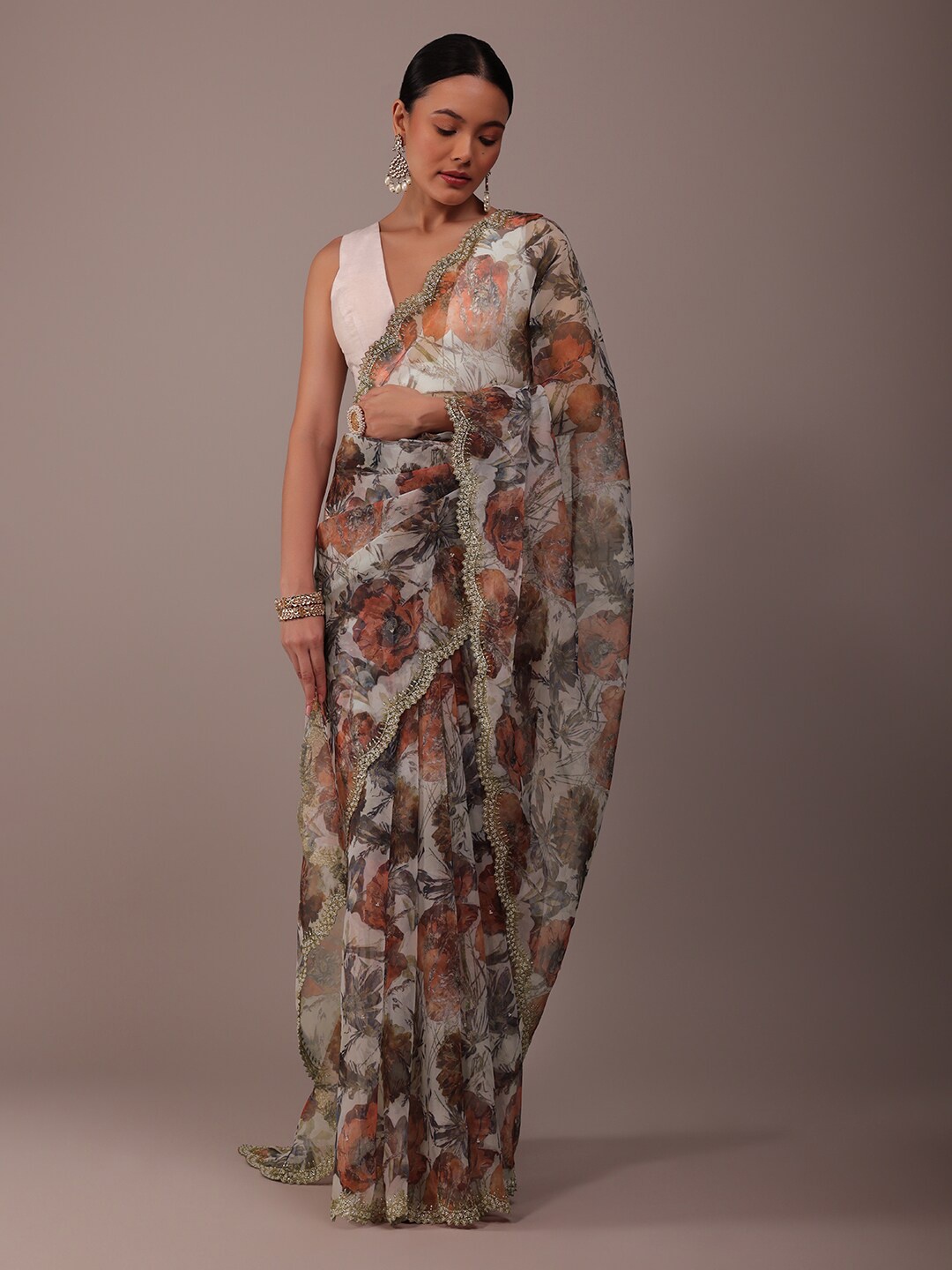 

KALKI Fashion Floral Printed Beads and Stones Organza Saree, White