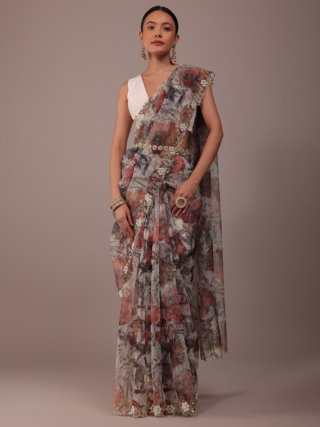 

KALKI Fashion Floral Printed Beads and Stones Organza Saree, White