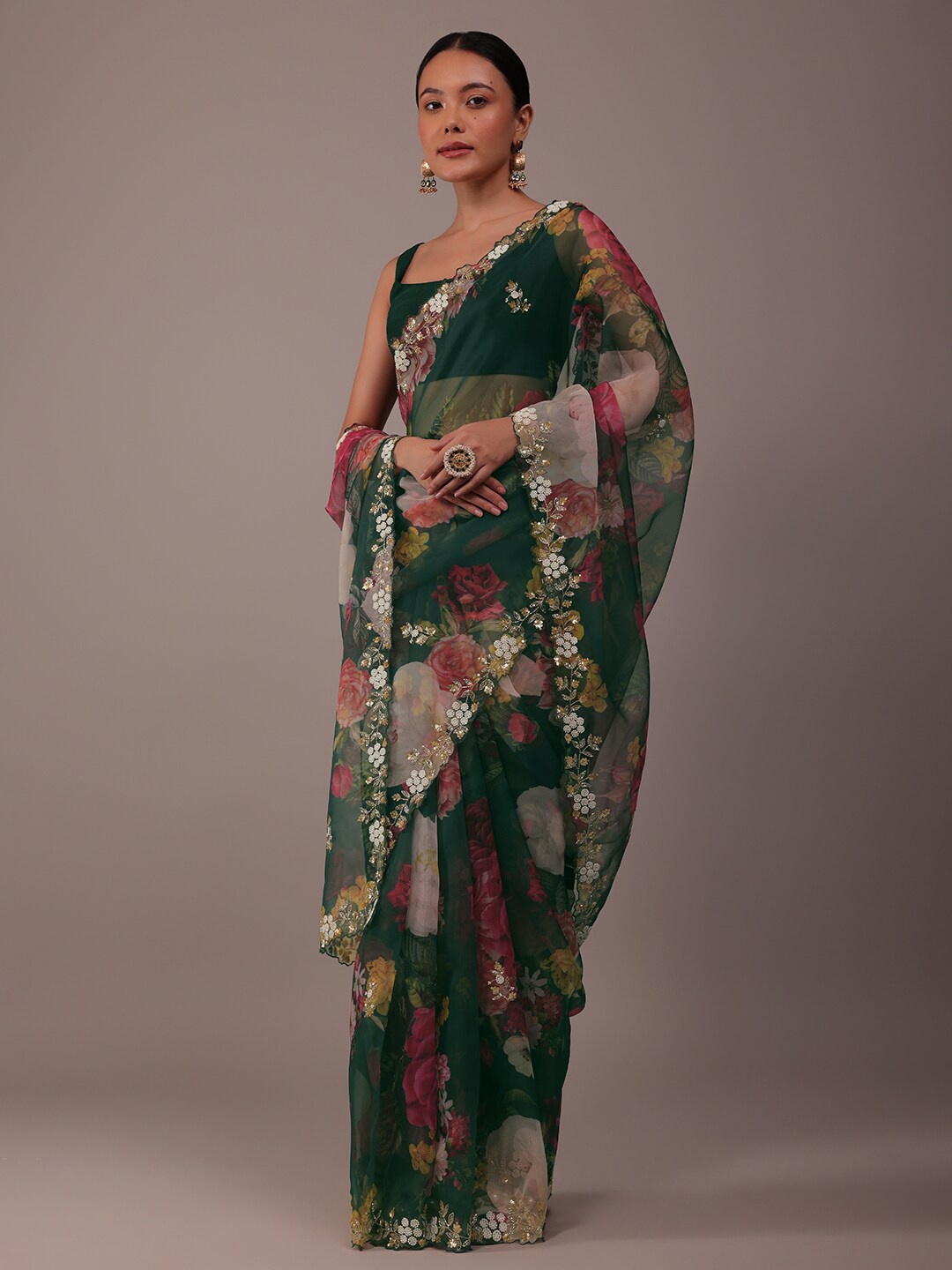 

KALKI Fashion Floral Printed Beads and Stones Organza Saree, Green