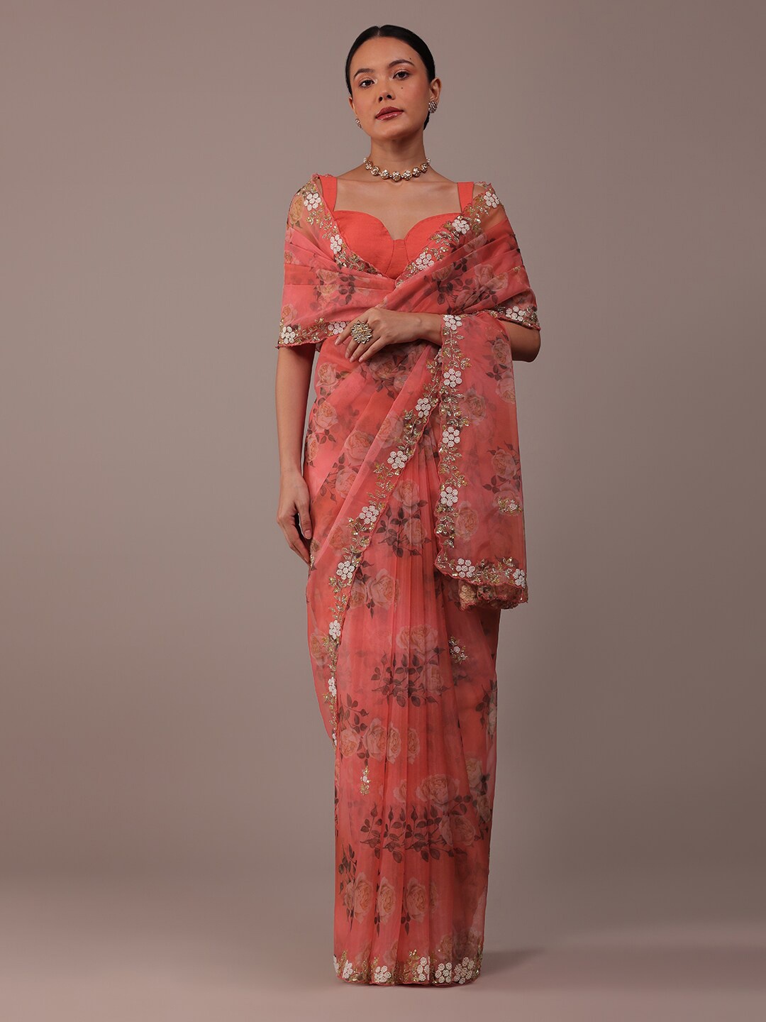 

KALKI Fashion Floral Printed Beads and Stones Organza Saree, Pink