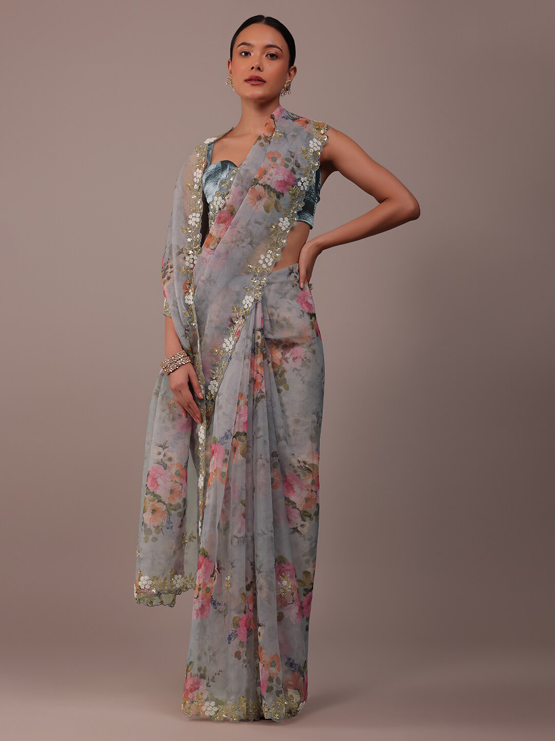

KALKI Fashion Floral Printed Beads and Stones Organza Saree, Grey