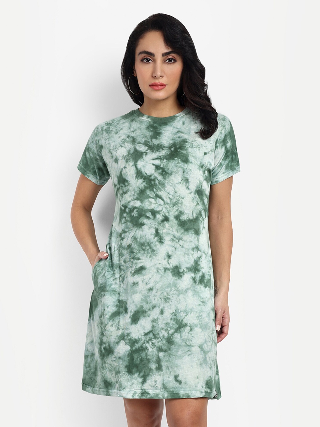 

VISO Green Tie and Dye Dyed Cotton T-Shirt Dress