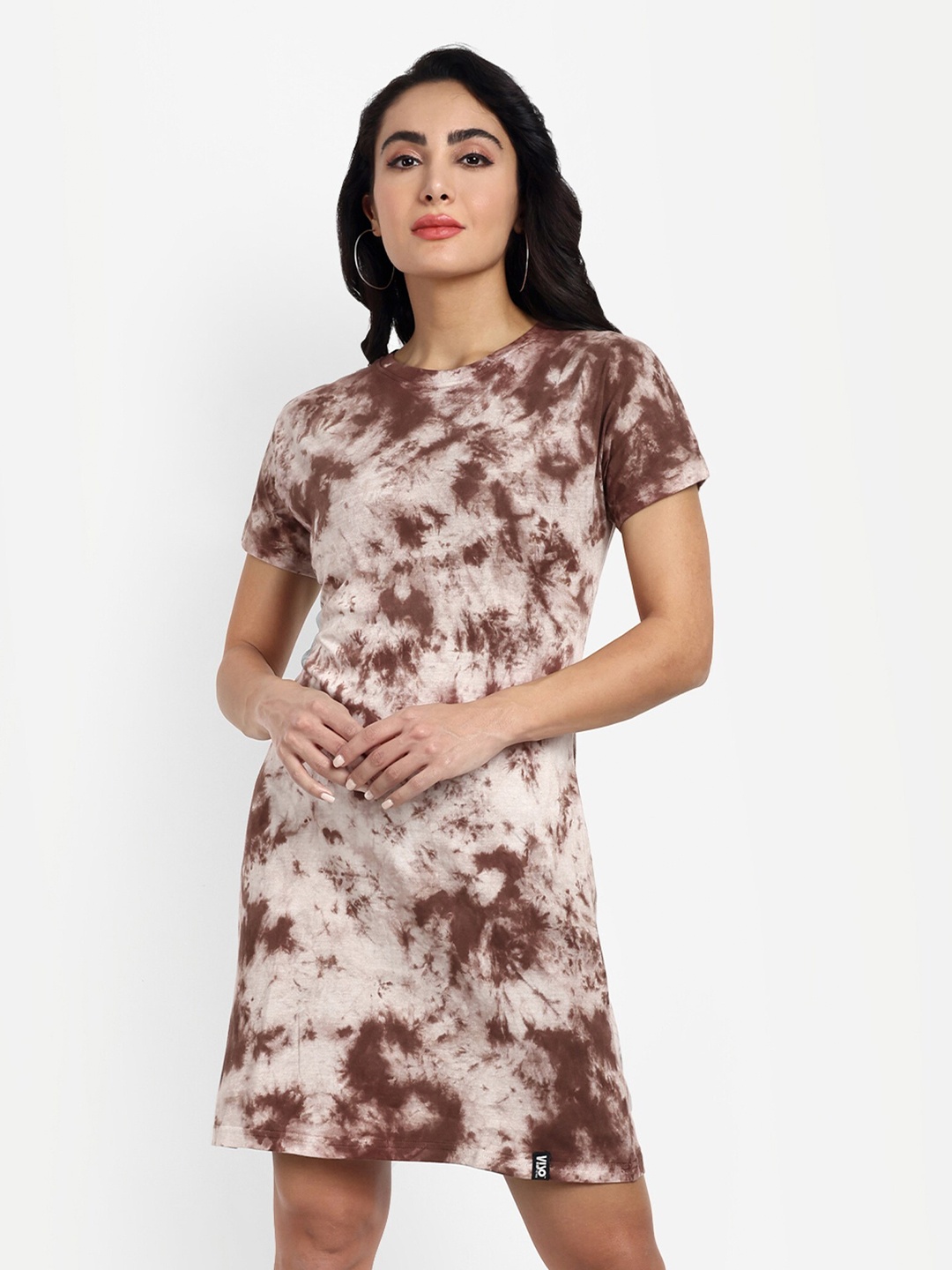 

VISO Brown Tie and Dye Dyed Cotton T-Shirt Dress