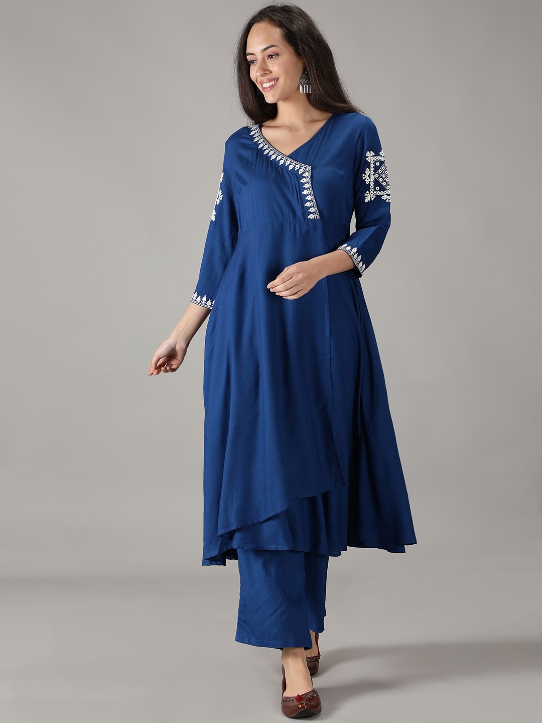 

KASYA Ethnic Motifs Mirror Work Embroidered Angrakha Kurta With Palazzos, Blue