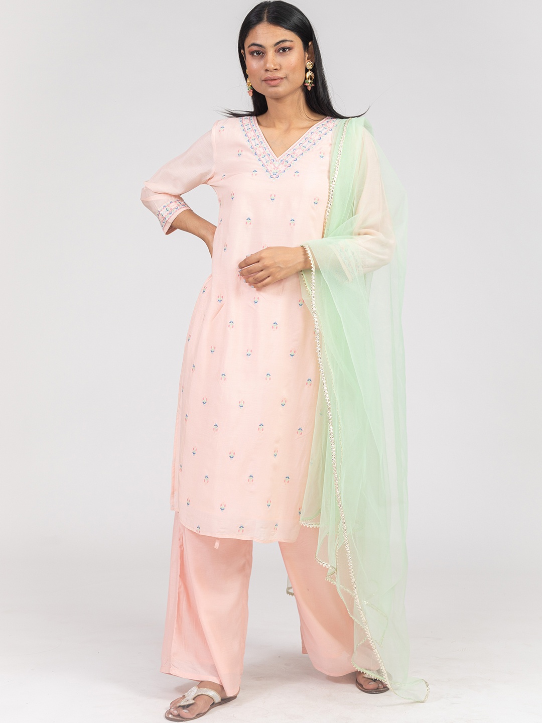 

KASYA Floral Embroidered Regular Kurta With Palazzos & Dupatta, Peach