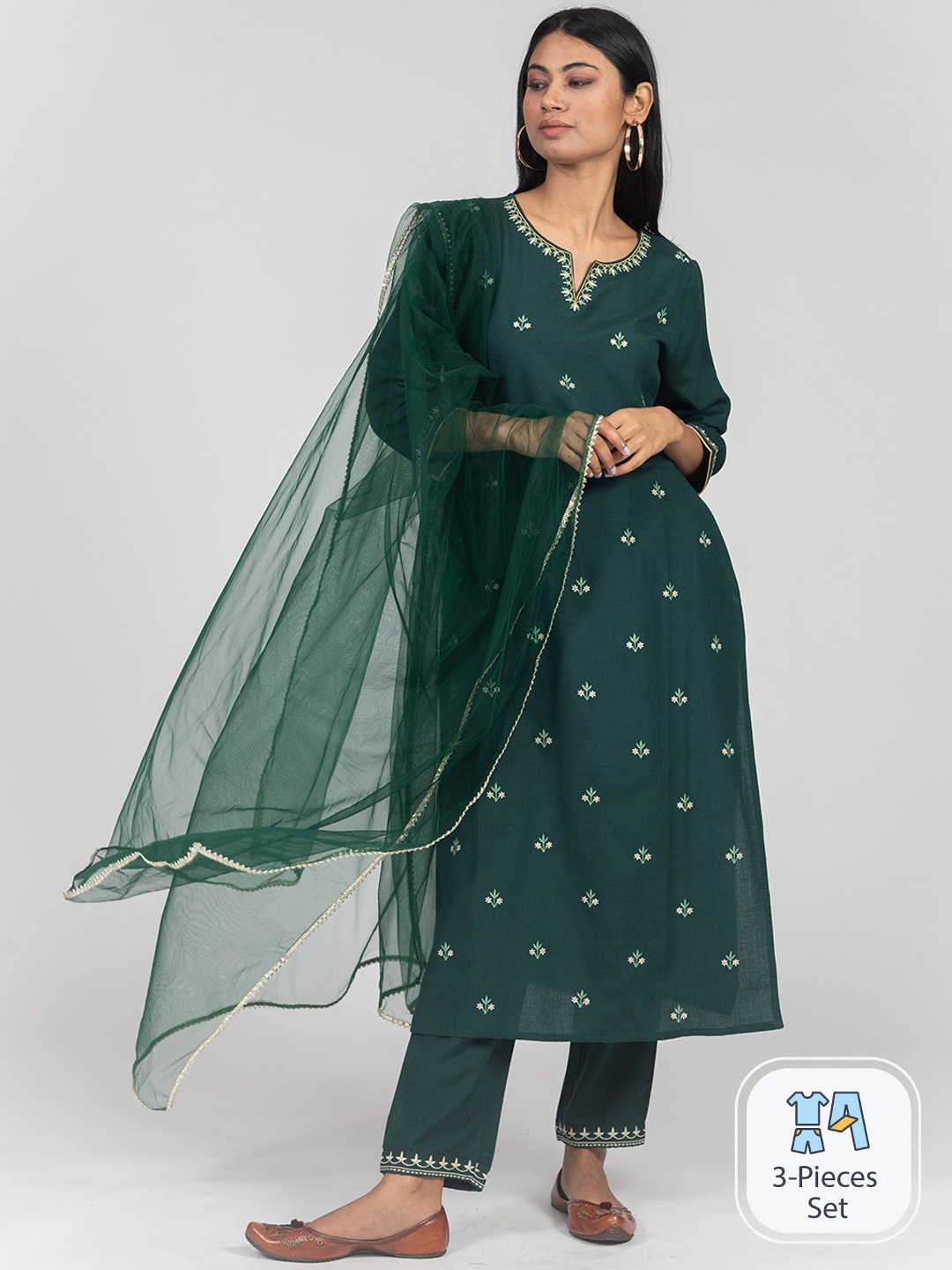 

KASYA Floral Embroidered Regular Kurta With Palazzos & Dupatta, Green