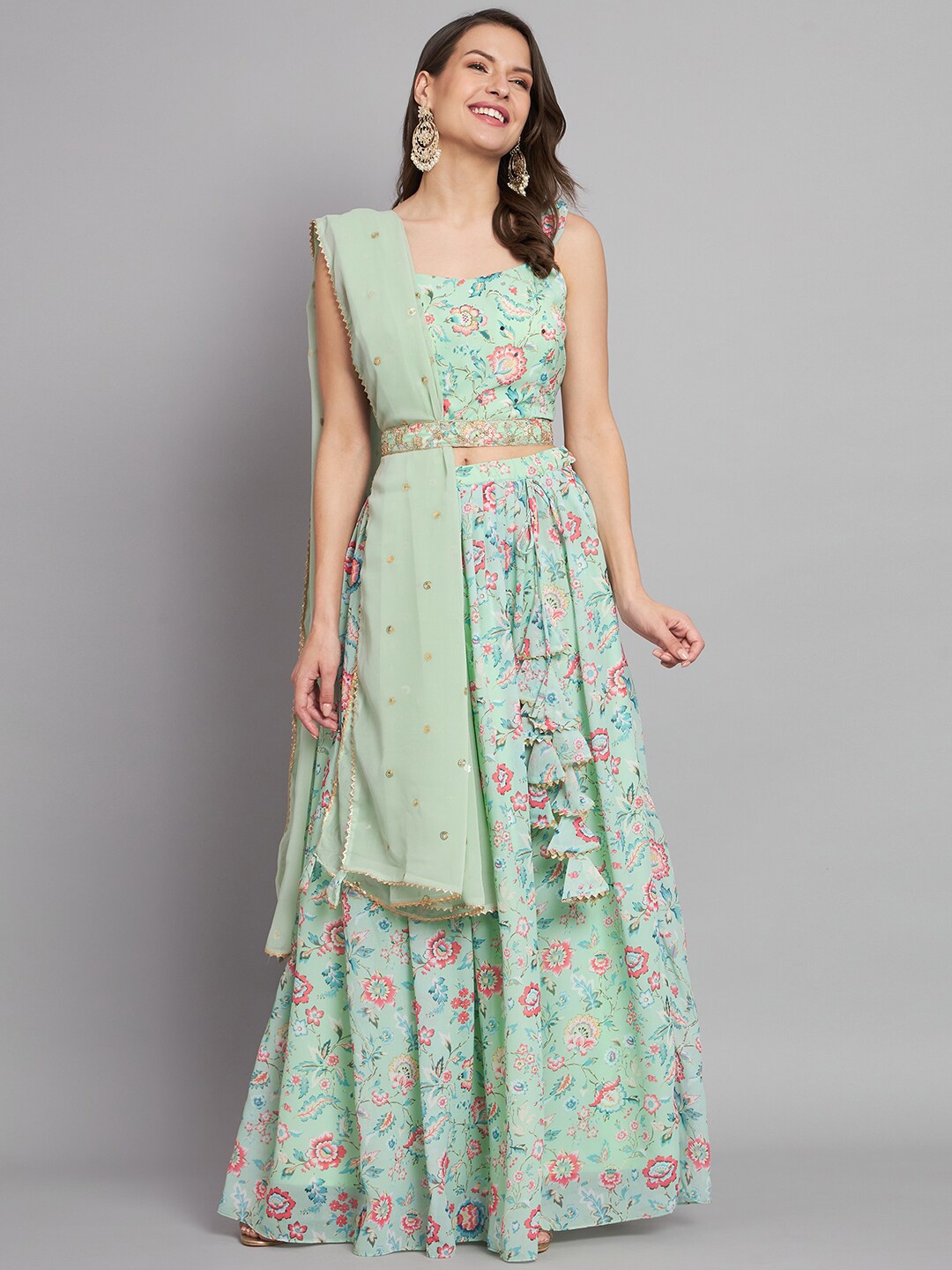 

BLACK SCISSOR Floral Printed Mirror Work Ready to Wear Lehenga & Blouse With Dupatta, Green