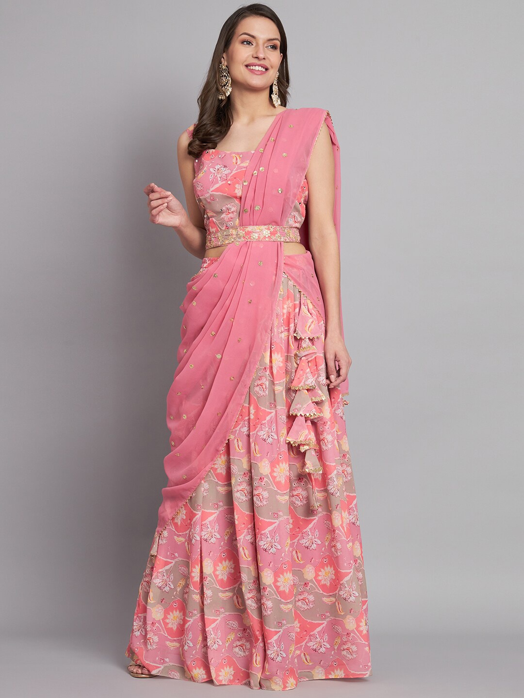 

BLACK SCISSOR Floral Printed Mirror Work Ready to Wear Lehenga & Blouse With Dupatta, Peach