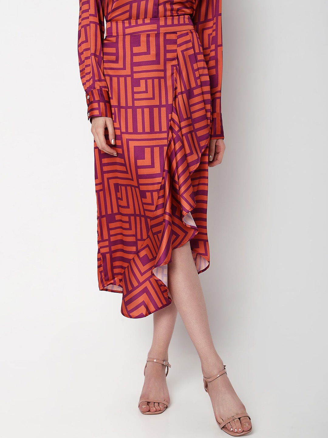 

Vero Moda Geometric Printed Flared Midi Skirt, Orange