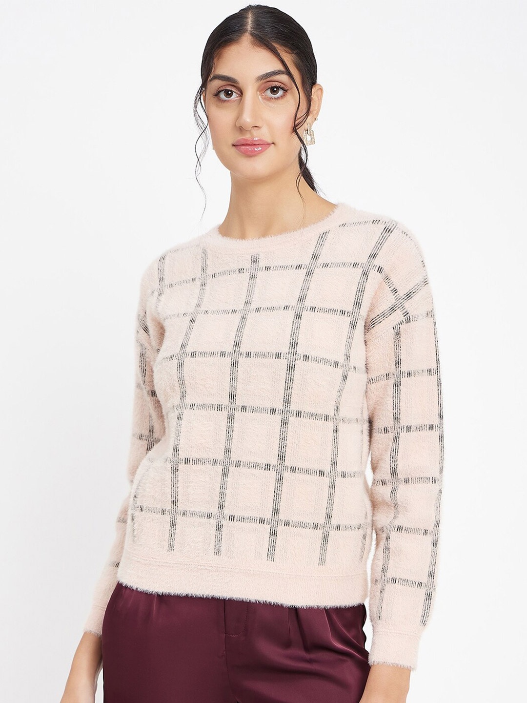 

Madame Checked Pullover Sweaters, Peach