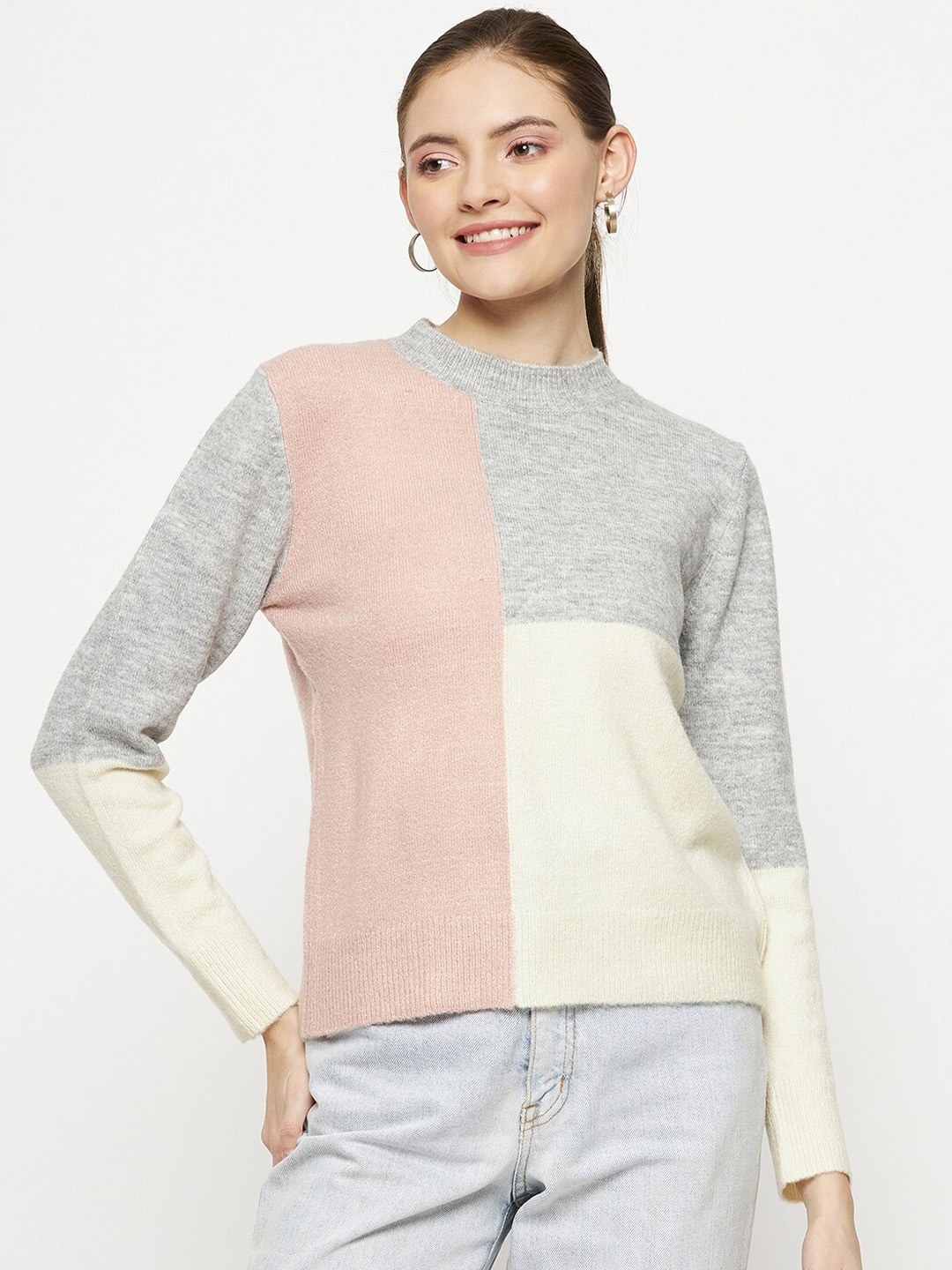 

Madame Colourblocked Round Neck Pullover Sweaters, Grey