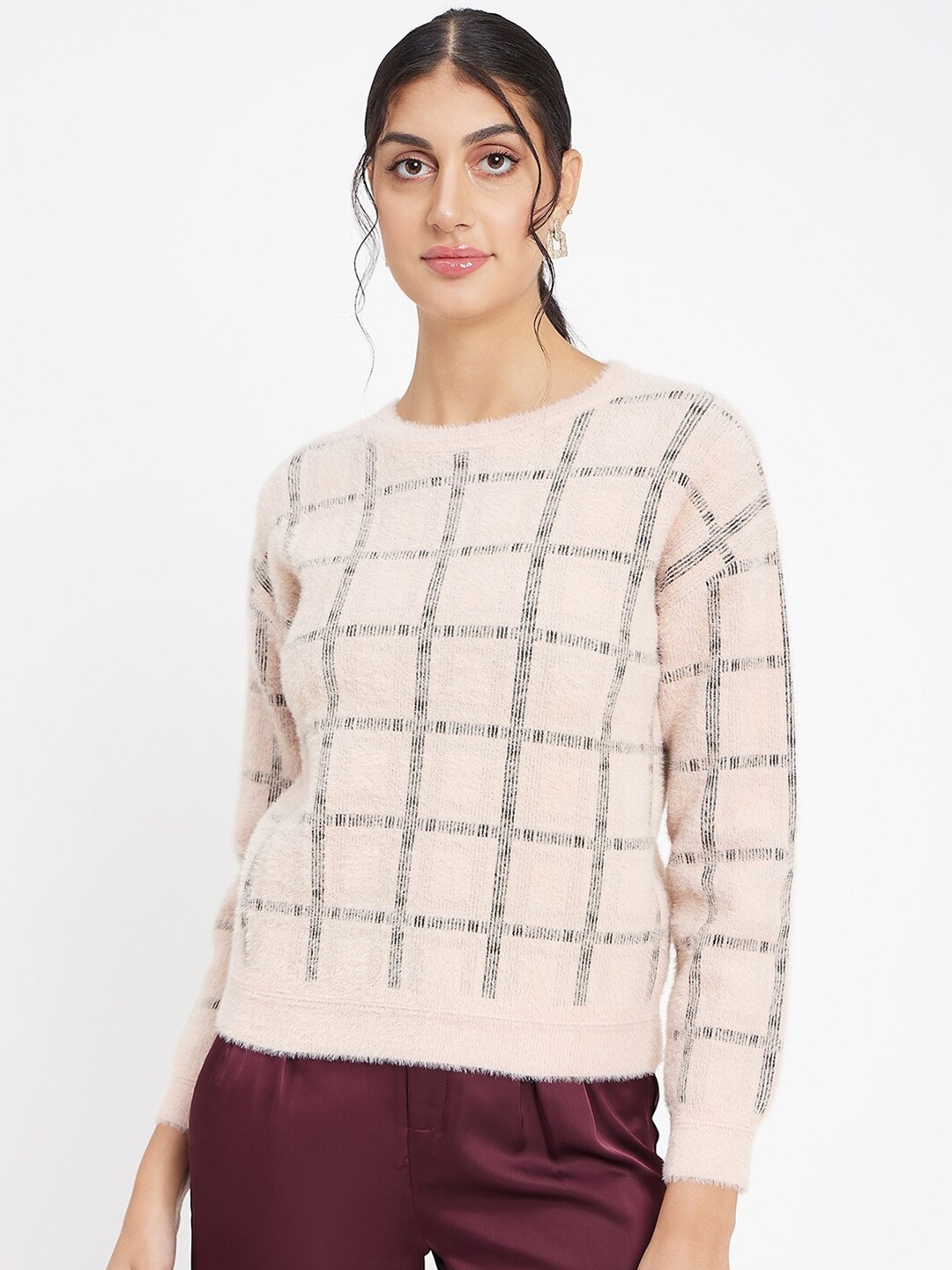 

Madame Checked Pullover Sweaters, Peach