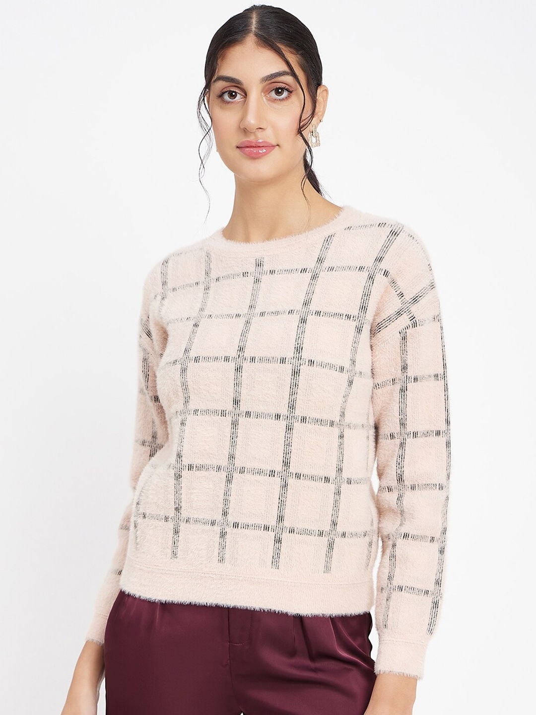 

Madame Round Neck Checked Acrylic Pullover, Peach