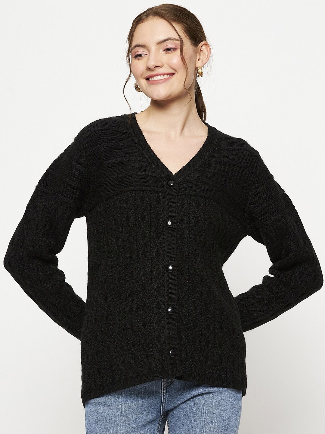 

Madame Self Design Cable Knit V-Neck Cardigan Sweaters, Black