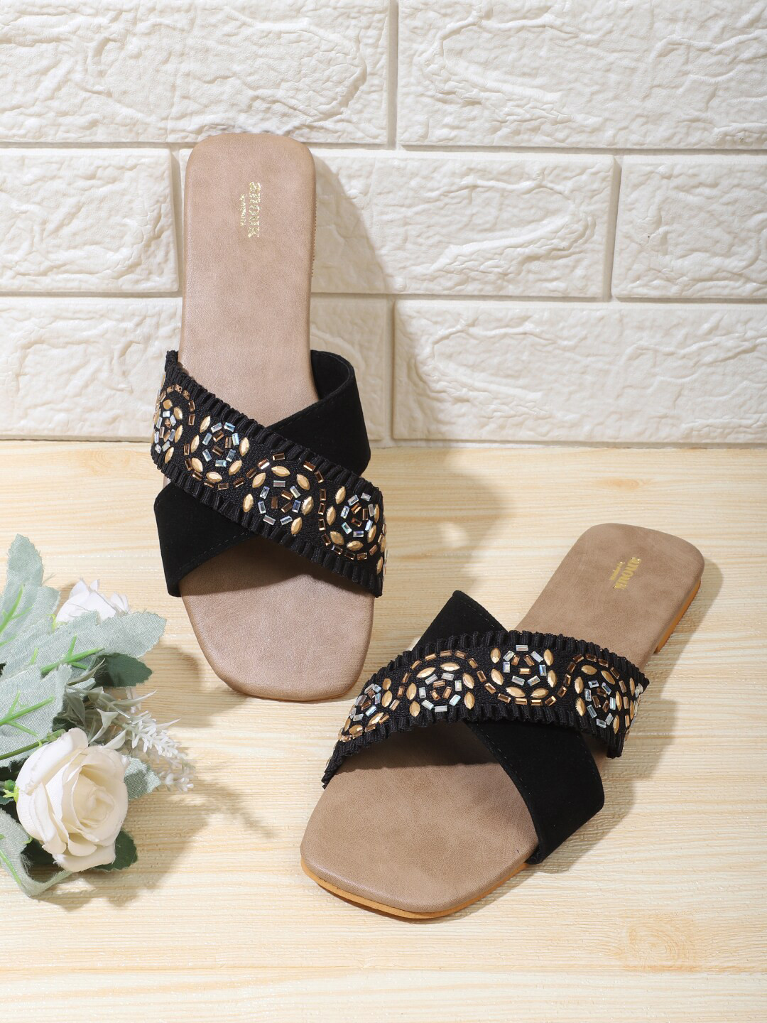 

Anouk Black Embellished Cross Strap Suede One Toe Flats