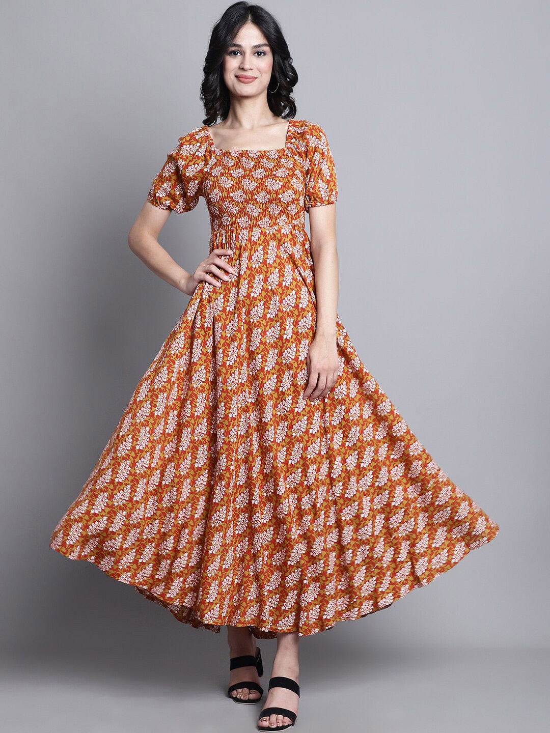 

KALINI Ethnic Motifs Printed Puff Sleeves Smocked Maxi Dress, Orange