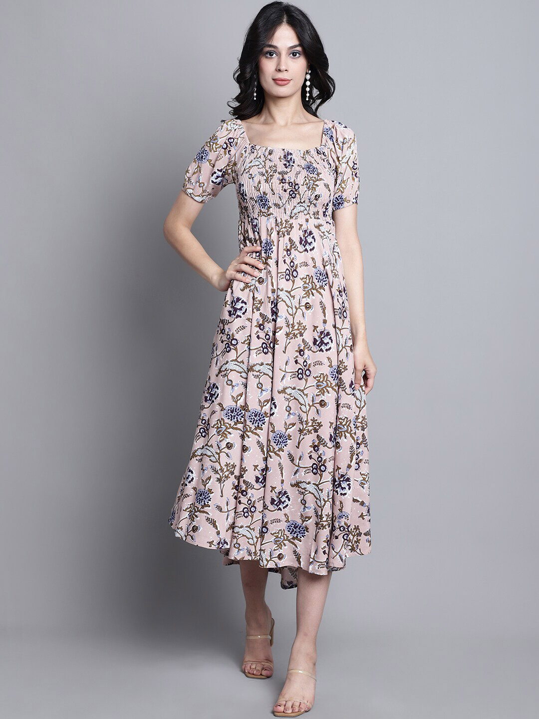 

KALINI Floral Printed Square Neck Puffed Sleeves Smocked Fit and Flare Midi Dress, Purple