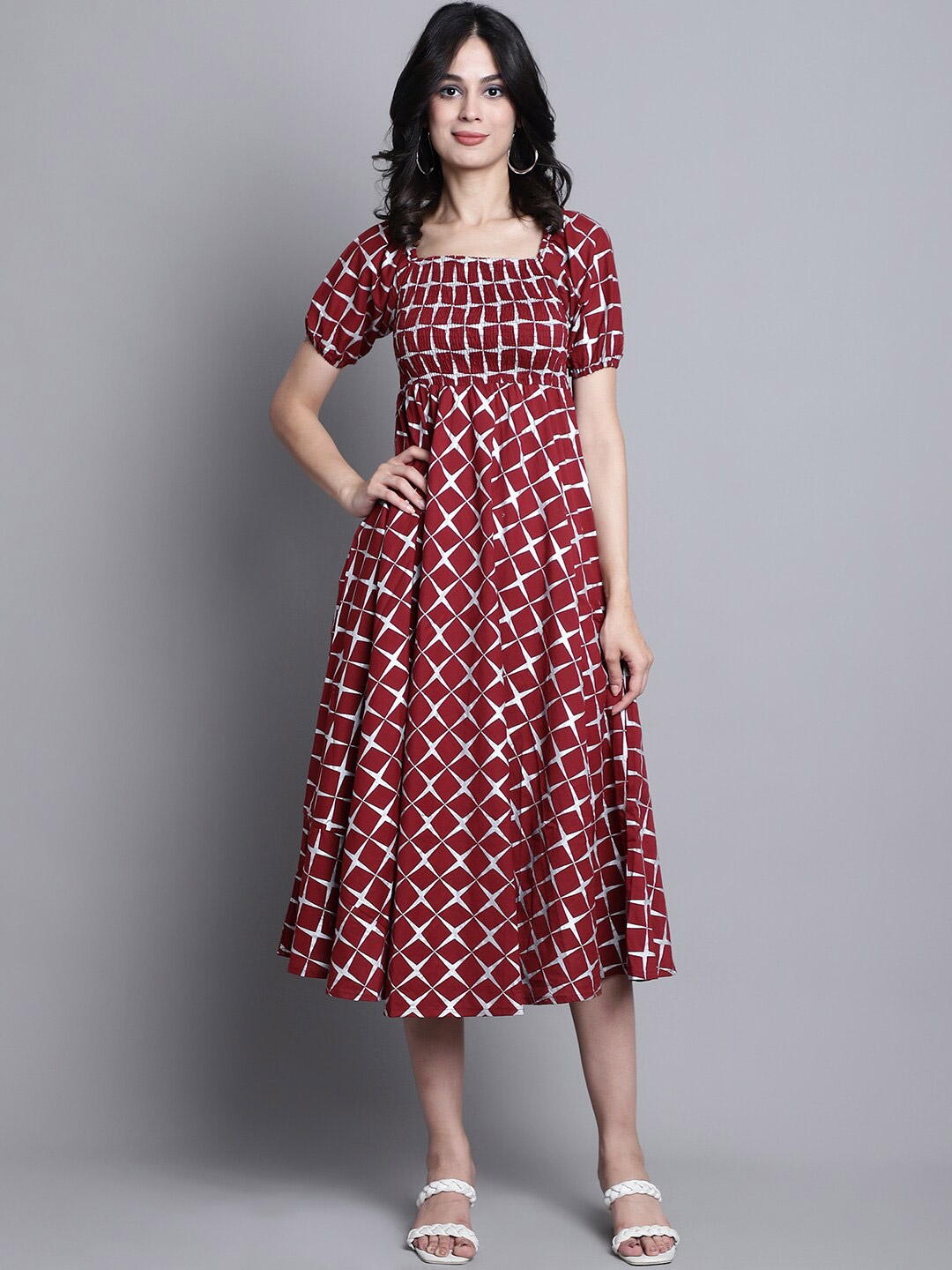 

KALINI Checked Puff Sleeves Fit & Flare Midi Dress, Maroon