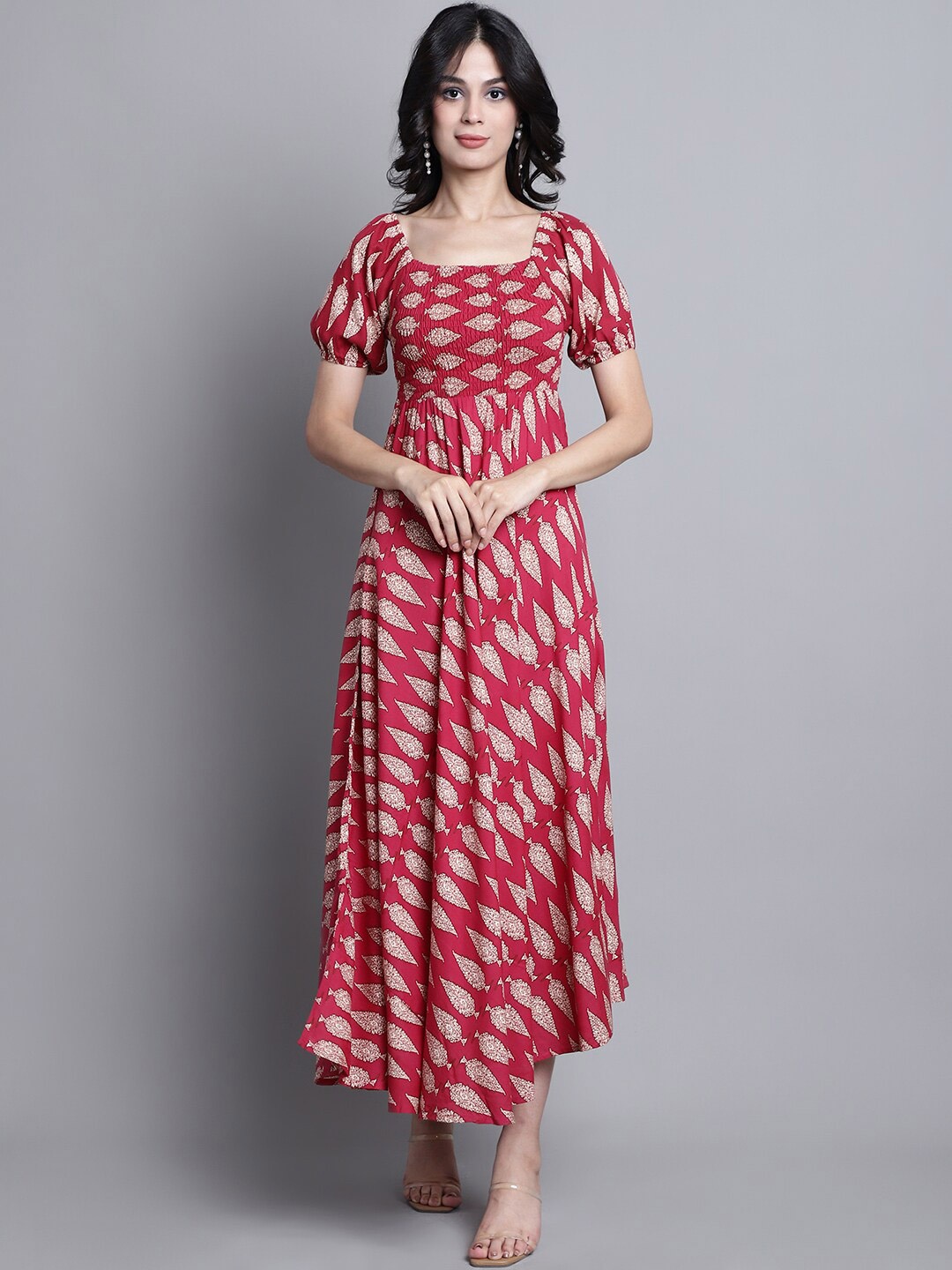 

KALINI Ethnic Motifs Printed Square Neck Puffed Sleeves Smocked Maxi Dress, Maroon