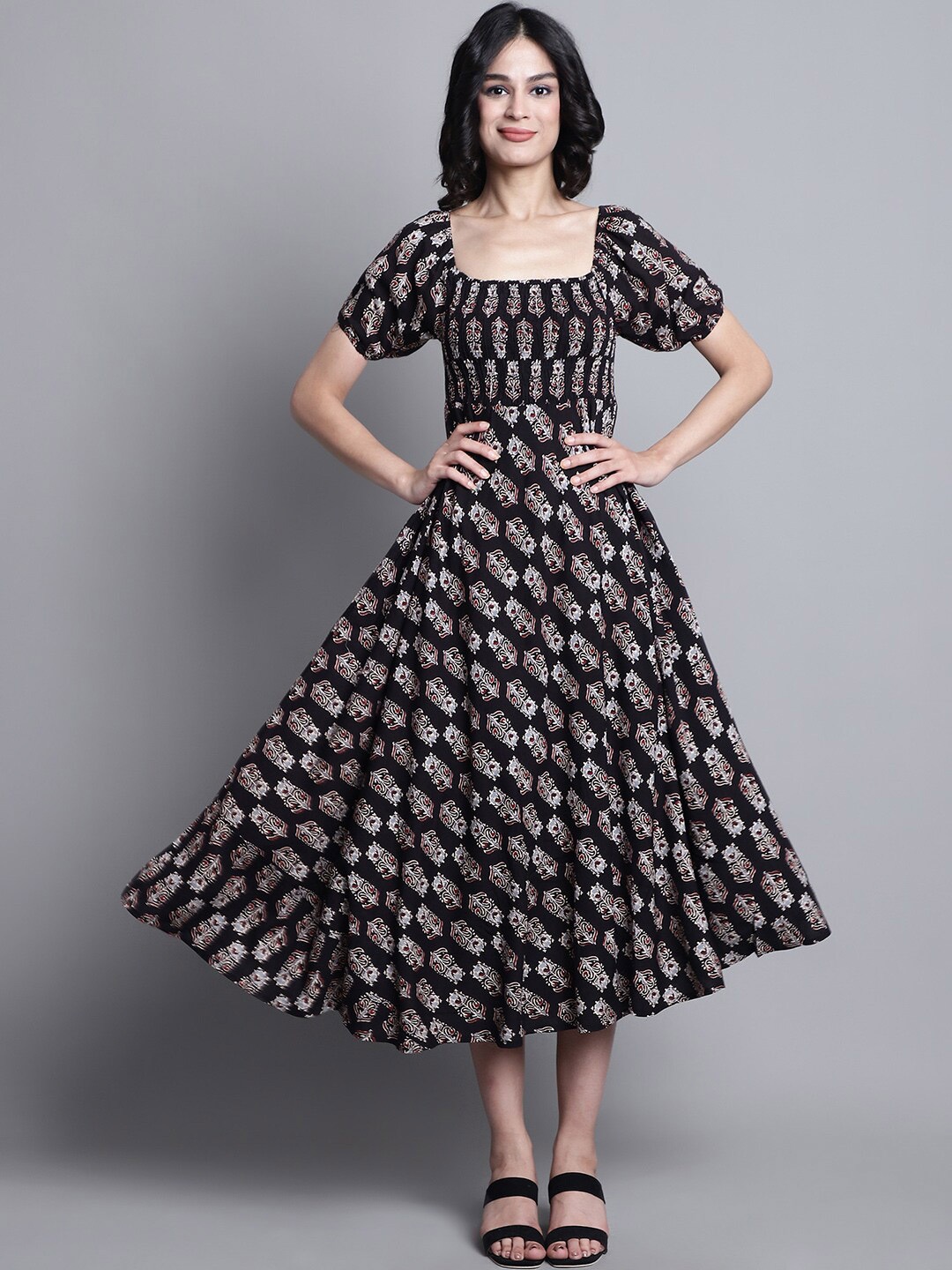 

KALINI Ethnic Motifs Printed Puff Sleeves Smocked Fit & Flare Midi Dress, Black