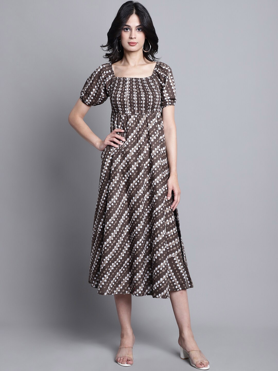 

KALINI Abstract Printed Puff Sleeves Empire Midi Dress, Grey