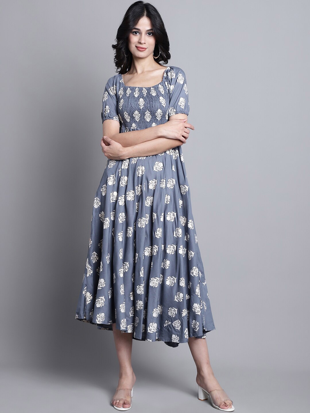 

KALINI Ethnic Motifs Printed Fit & Flare Midi Dress, Grey