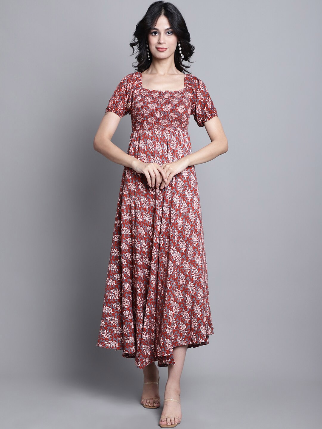 

KALINI Ethnic Motifs Printed Puff Sleeves Smocked Fit & Flare Midi Dress, Maroon