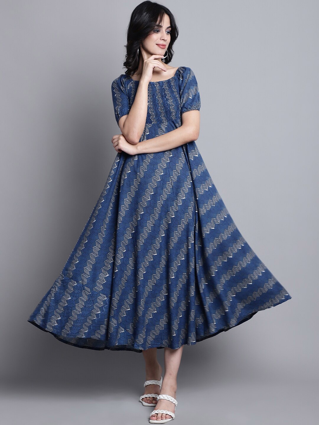 

KALINI Ethnic Motifs Printed Fit & Flare Midi Dress, Blue