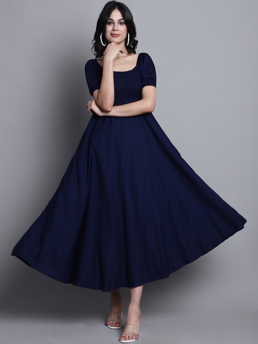 

BAESD Square Neck Puff Sleeves Smocked Fit & Flare Midi Dress, Navy blue