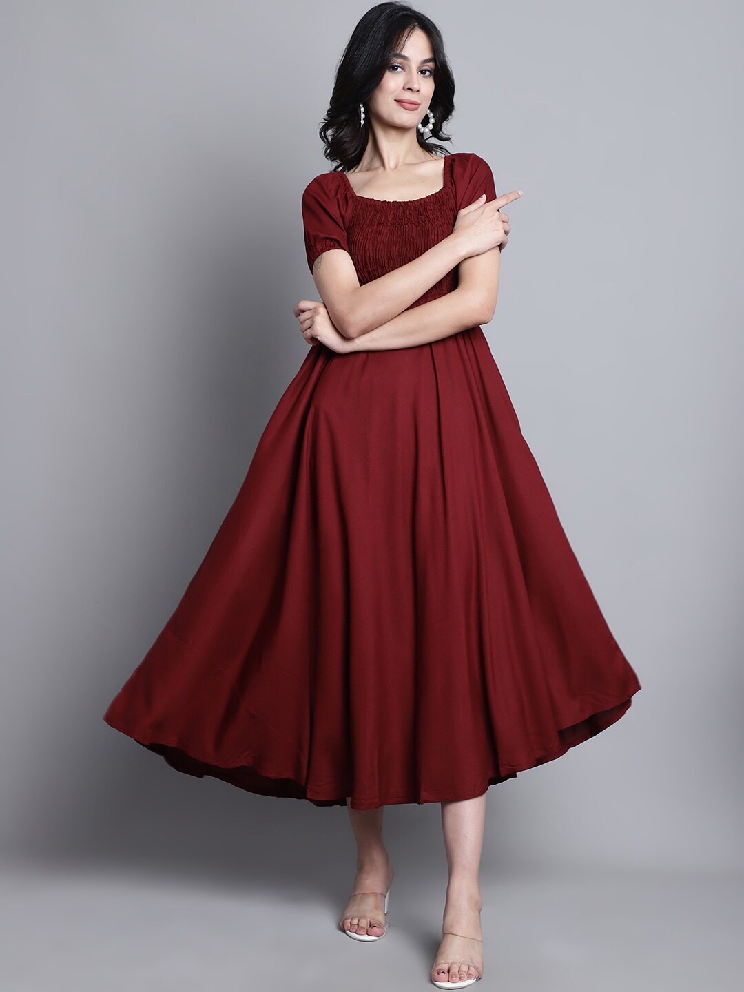 

BAESD Square Neck Puff Sleeves Smocked Fit & Flare Midi Dress, Maroon