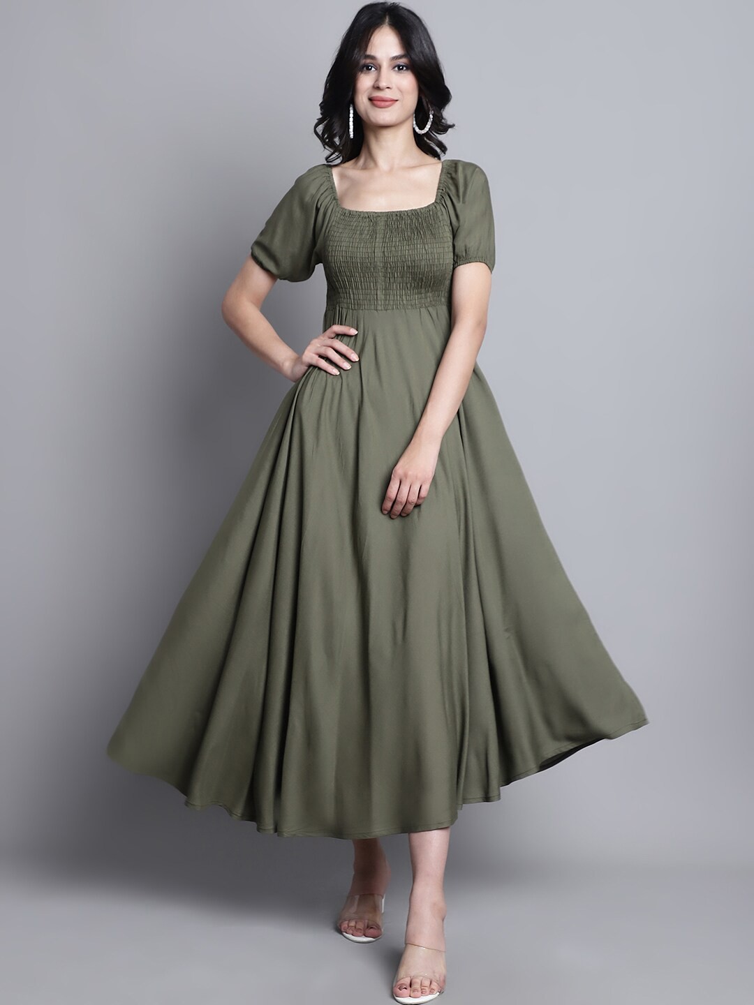

BAESD Square Neck Puff Sleeves Smocked Fit & Flare Midi Dress, Green