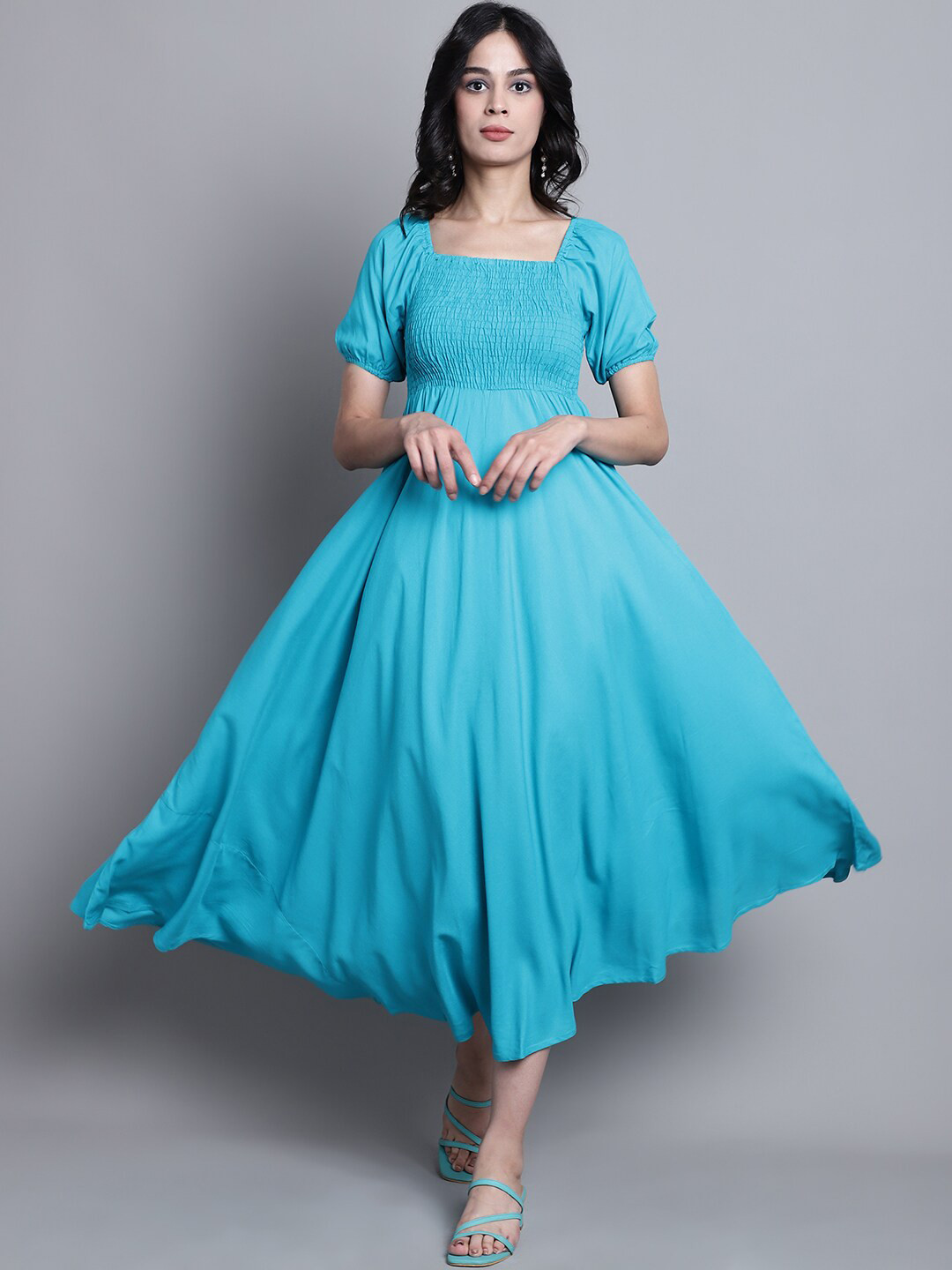 

BAESD Square Neck Puff Sleeves Smocked Fit & Flare Midi Dress, Turquoise blue
