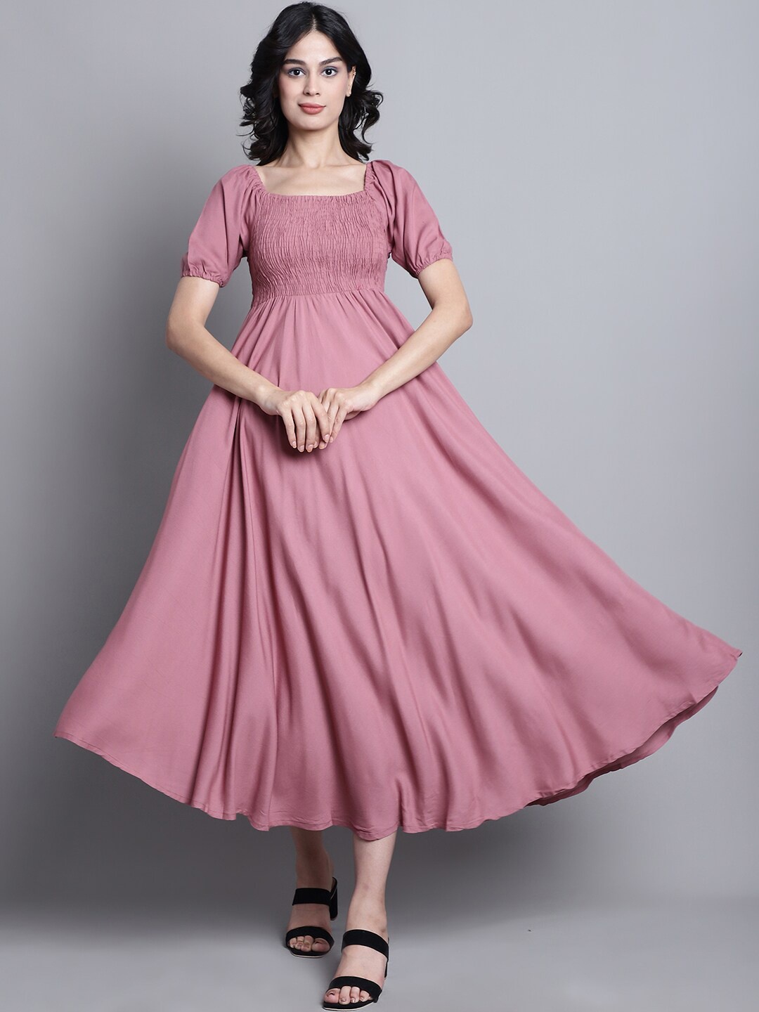 

BAESD Square Neck Puff Sleeves Smocked Fit & Flare Midi Dress, Pink
