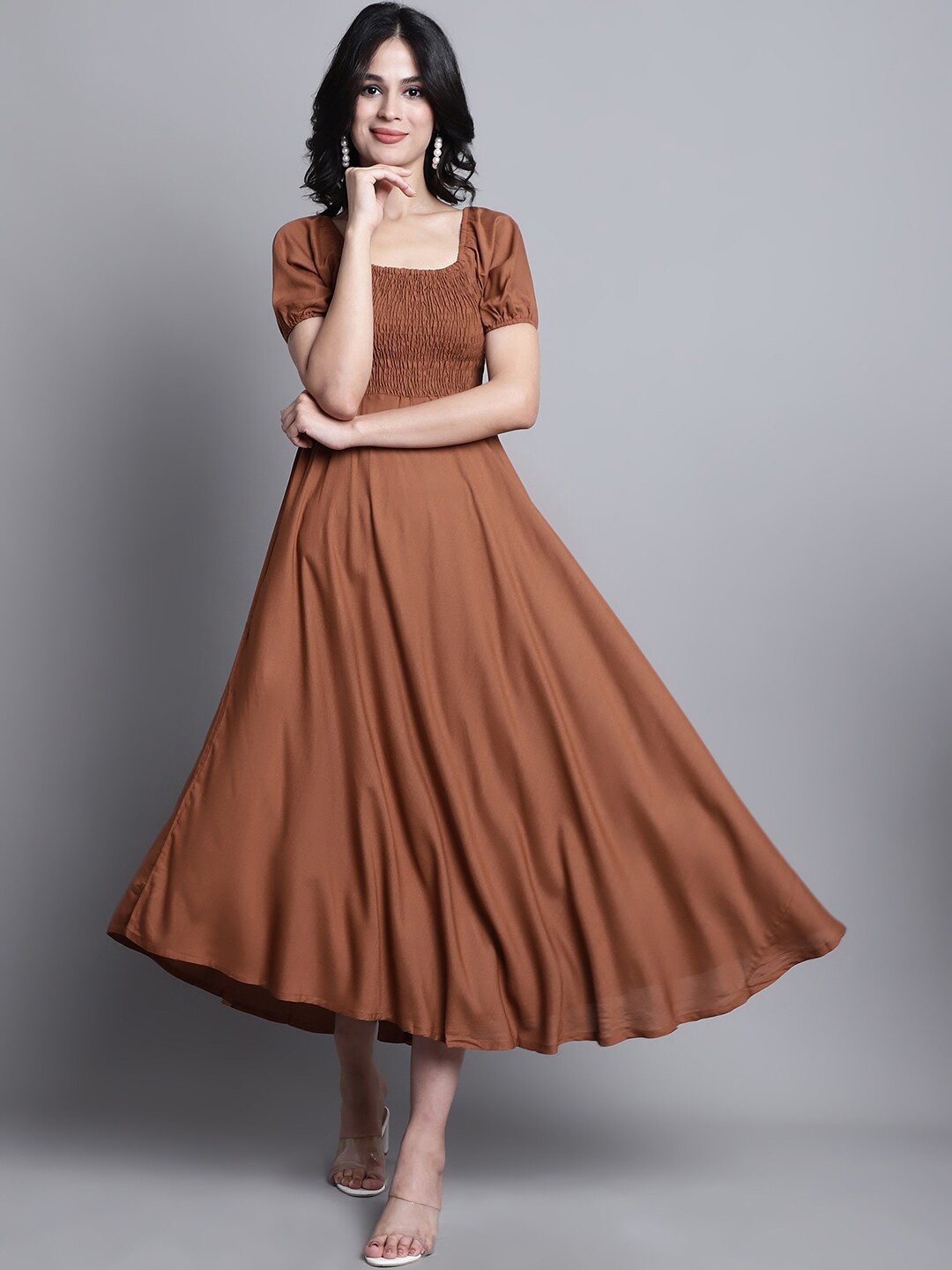 

BAESD Square Neck Puff Sleeves Smocked Fit & Flare Midi Dress, Coffee brown